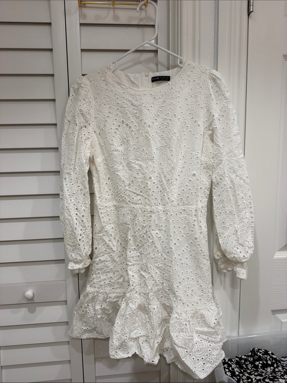 White Eyelet Long-Sleeve Mini Dress